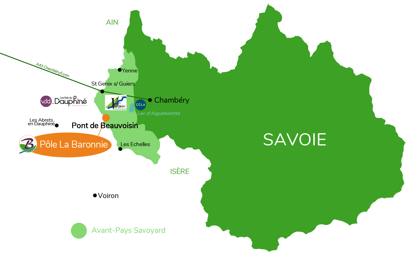 Situation de la zone commerciale La Baronnie dans l'Avant-Pays Savoyard, en Savoie - Communauté de communes Val Guiers